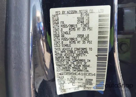 2004 Nissan Frontier Xe-V6 z USA, uszkodzony, nr VIN 1N6ED29X94C418354